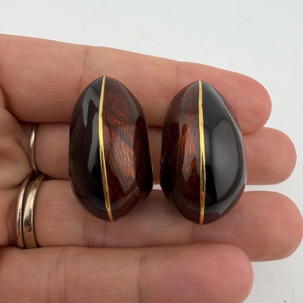 Ciner Clip On Earrings Black Brown Excellent Vintage Enamel Gold Tone Hoop